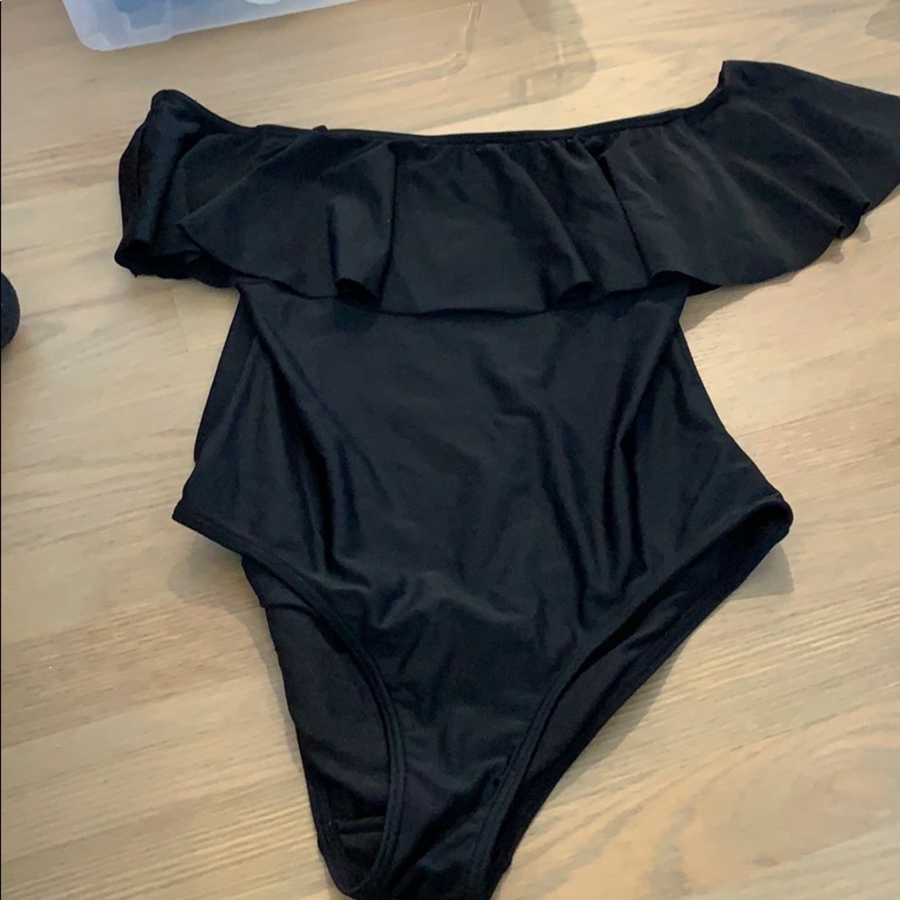 Black ruffle one piece swimsuit